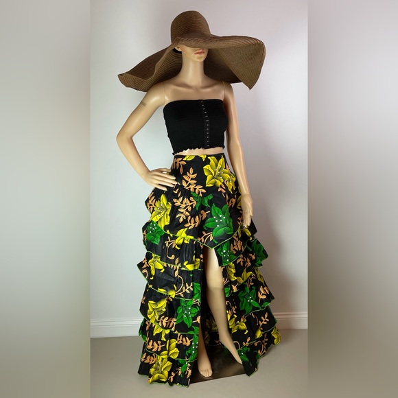 Handmade Green Multicolor Layered Ruffle Floral Print High Slit Maxi Skirt - Picture 7 of 10